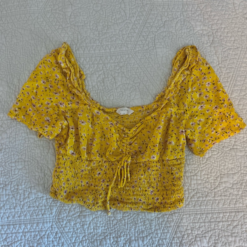 Yellow Ruffled Crop Blouse with Tie Front